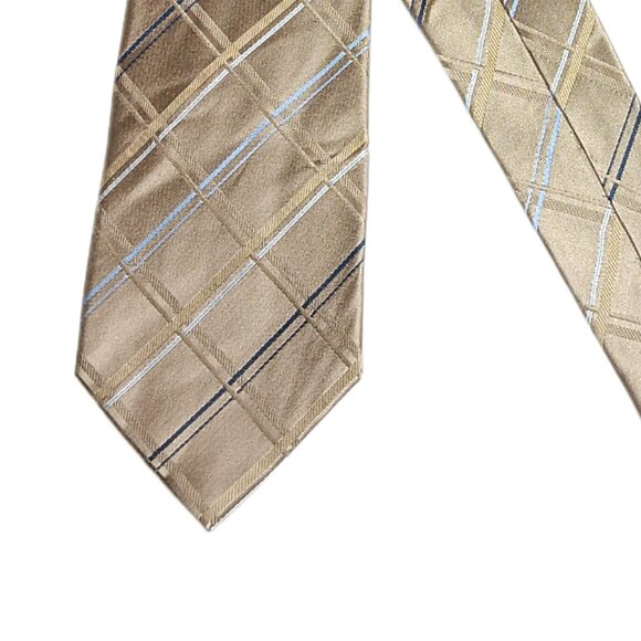 Geoffrey Beene Silk Tie Mens X-Long 65” Taupe Navy Plaid Western Preppy Wide New - Picture 1 of 4